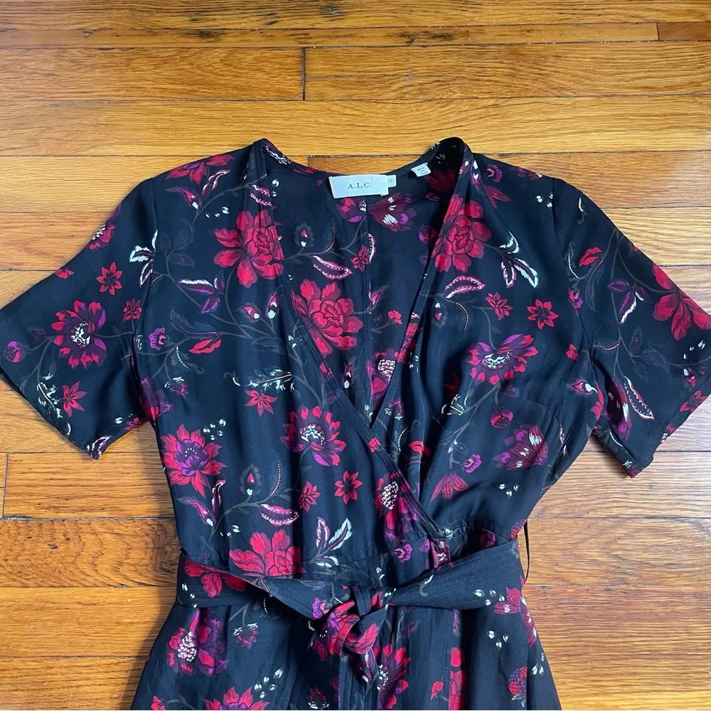 A.L.C. Cora Silk Floral Wrap Black Midi Dress 6